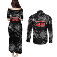 Custom Motocross Dirt Bike Couples Matching Puletasi and Long Sleeve Button Shirt with Red Rider and Honeycomb Grunge Design - Wonder Print Shop