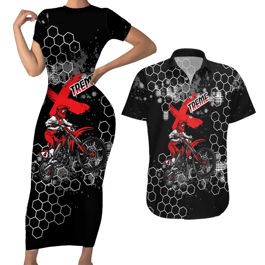 Custom Motocross Dirt Bike Couples Matching Short Sleeve Bodycon Dress and Hawaiian Shirt with Red Rider and Honeycomb Grunge Design - Wonder Print Shop