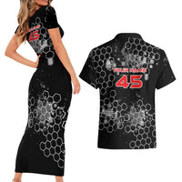 Custom Motocross Dirt Bike Couples Matching Short Sleeve Bodycon Dress and Hawaiian Shirt with Red Rider and Honeycomb Grunge Design - Wonder Print Shop