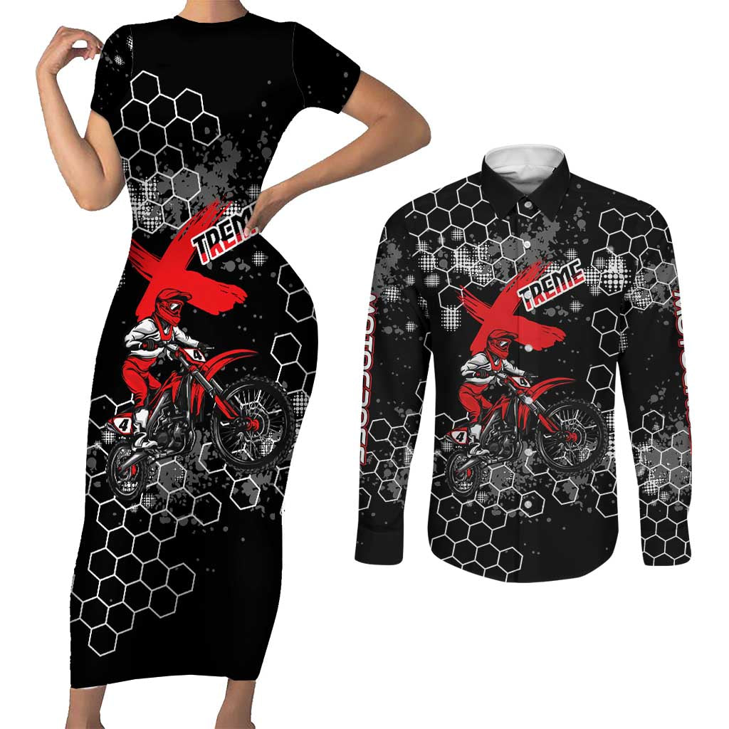 Custom Motocross Dirt Bike Couples Matching Short Sleeve Bodycon Dress and Long Sleeve Button Shirt with Red Rider and Honeycomb Grunge Design - Wonder Print Shop