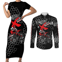 Custom Motocross Dirt Bike Couples Matching Short Sleeve Bodycon Dress and Long Sleeve Button Shirt with Red Rider and Honeycomb Grunge Design - Wonder Print Shop