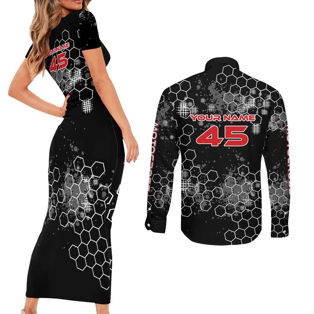 Custom Motocross Dirt Bike Couples Matching Short Sleeve Bodycon Dress and Long Sleeve Button Shirt with Red Rider and Honeycomb Grunge Design - Wonder Print Shop