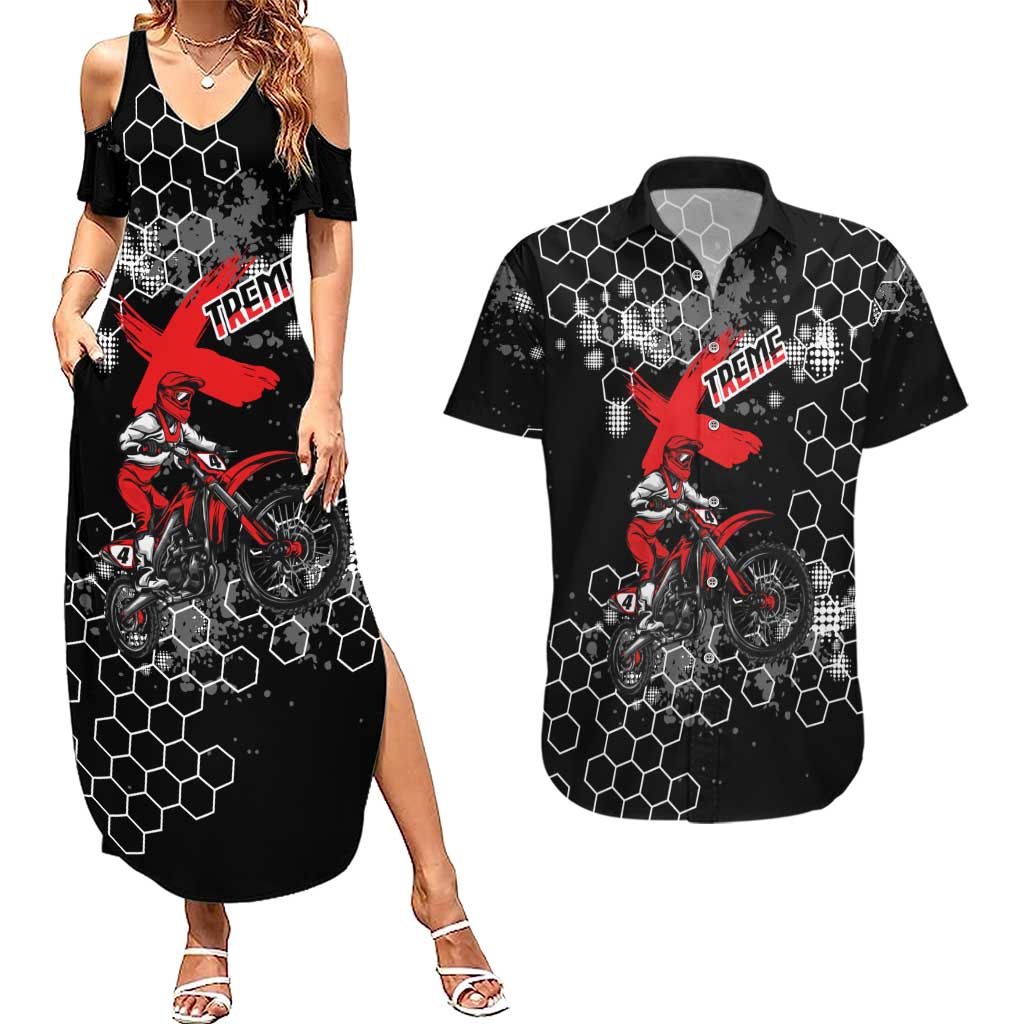 Custom Motocross Dirt Bike Couples Matching Summer Maxi Dress and Hawaiian Shirt with Red Rider and Honeycomb Grunge Design - Wonder Print Shop