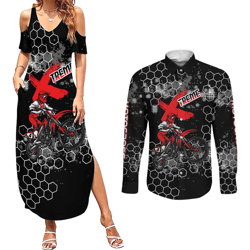 Custom Motocross Dirt Bike Couples Matching Summer Maxi Dress and Long Sleeve Button Shirt with Red Rider and Honeycomb Grunge Design - Wonder Print Shop