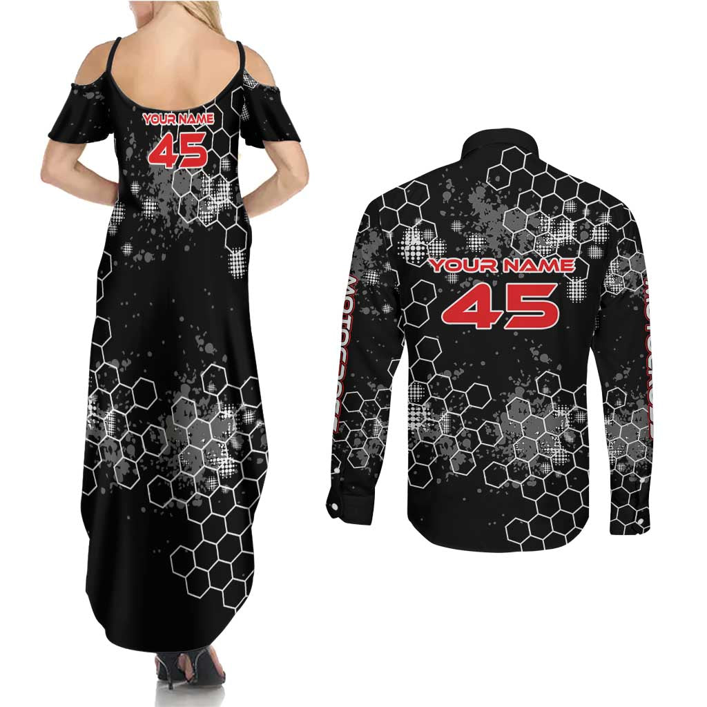 Custom Motocross Dirt Bike Couples Matching Summer Maxi Dress and Long Sleeve Button Shirt with Red Rider and Honeycomb Grunge Design - Wonder Print Shop