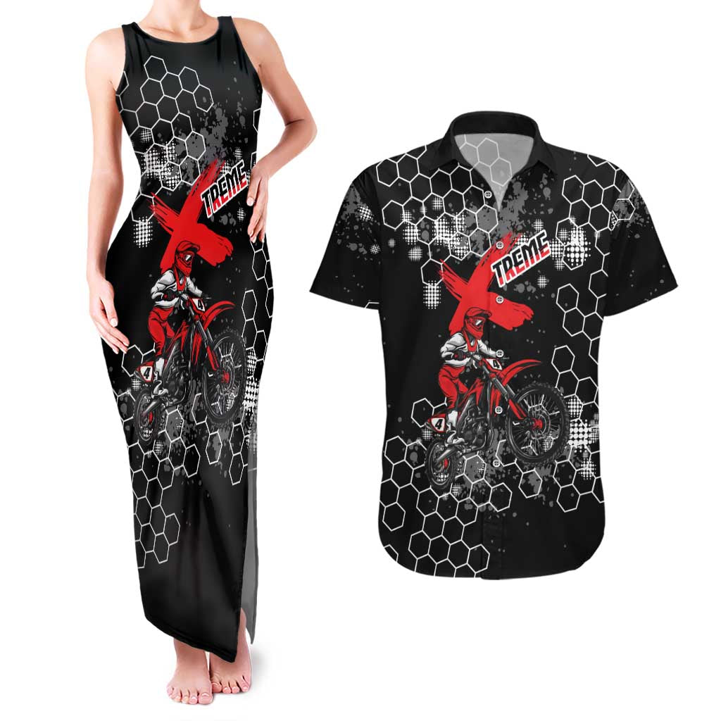 Custom Motocross Dirt Bike Couples Matching Tank Maxi Dress and Hawaiian Shirt with Red Rider and Honeycomb Grunge Design - Wonder Print Shop