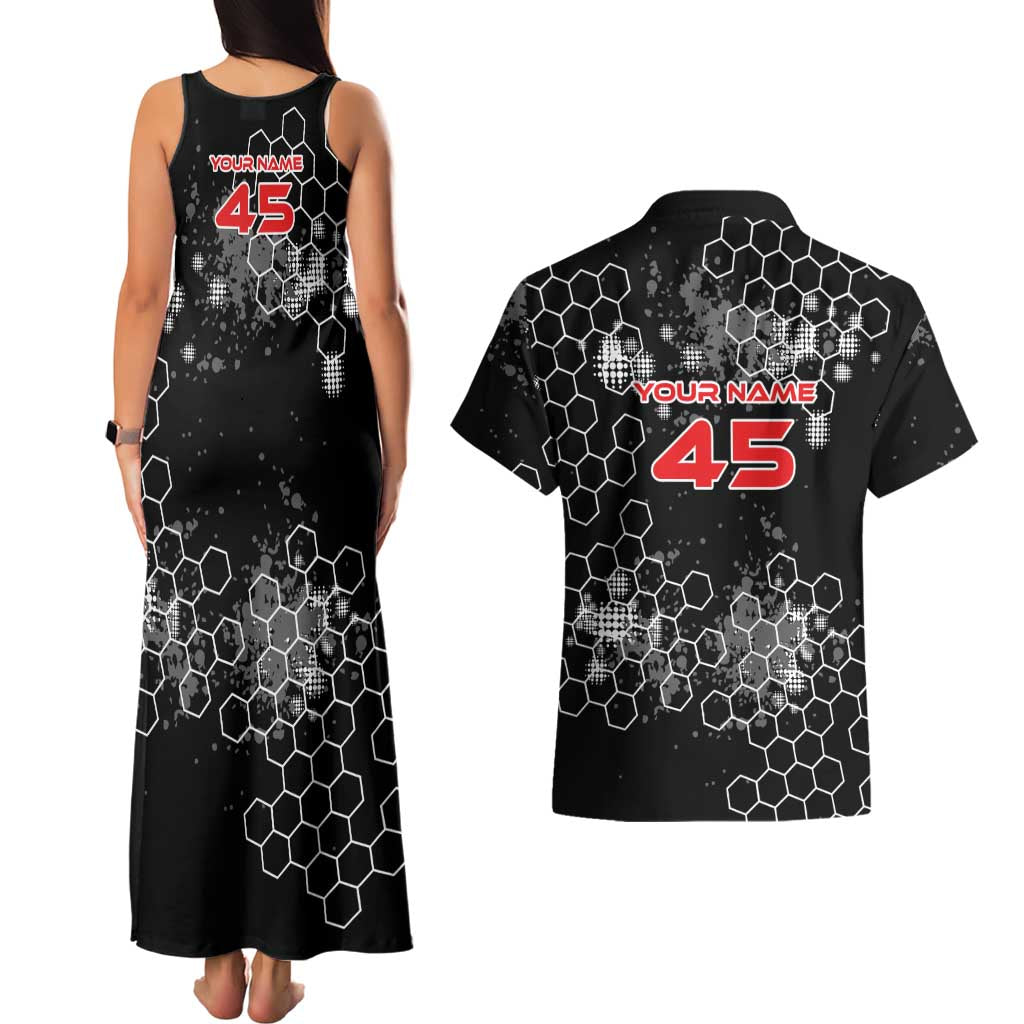 Custom Motocross Dirt Bike Couples Matching Tank Maxi Dress and Hawaiian Shirt with Red Rider and Honeycomb Grunge Design - Wonder Print Shop