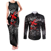 Custom Motocross Dirt Bike Couples Matching Tank Maxi Dress and Long Sleeve Button Shirt with Red Rider and Honeycomb Grunge Design - Wonder Print Shop