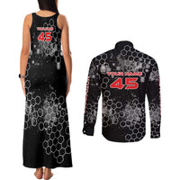 Custom Motocross Dirt Bike Couples Matching Tank Maxi Dress and Long Sleeve Button Shirt with Red Rider and Honeycomb Grunge Design - Wonder Print Shop