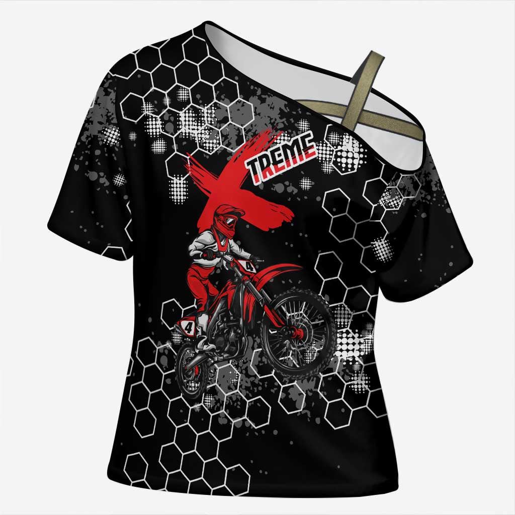 Custom Motocross Dirt Bike Cross Shoulder Shirt with Red Rider and Honeycomb Grunge Design - Wonder Print Shop