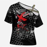 Custom Motocross Dirt Bike Cross Shoulder Shirt with Red Rider and Honeycomb Grunge Design - Wonder Print Shop