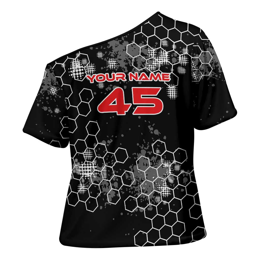 Custom Motocross Dirt Bike Cross Shoulder Shirt with Red Rider and Honeycomb Grunge Design - Wonder Print Shop