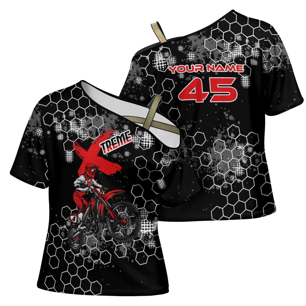 Custom Motocross Dirt Bike Cross Shoulder Shirt with Red Rider and Honeycomb Grunge Design - Wonder Print Shop