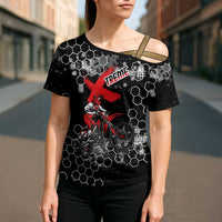 Custom Motocross Dirt Bike Cross Shoulder Shirt with Red Rider and Honeycomb Grunge Design - Wonder Print Shop