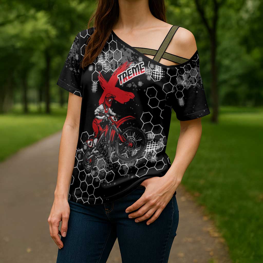Custom Motocross Dirt Bike Cross Shoulder Shirt with Red Rider and Honeycomb Grunge Design - Wonder Print Shop
