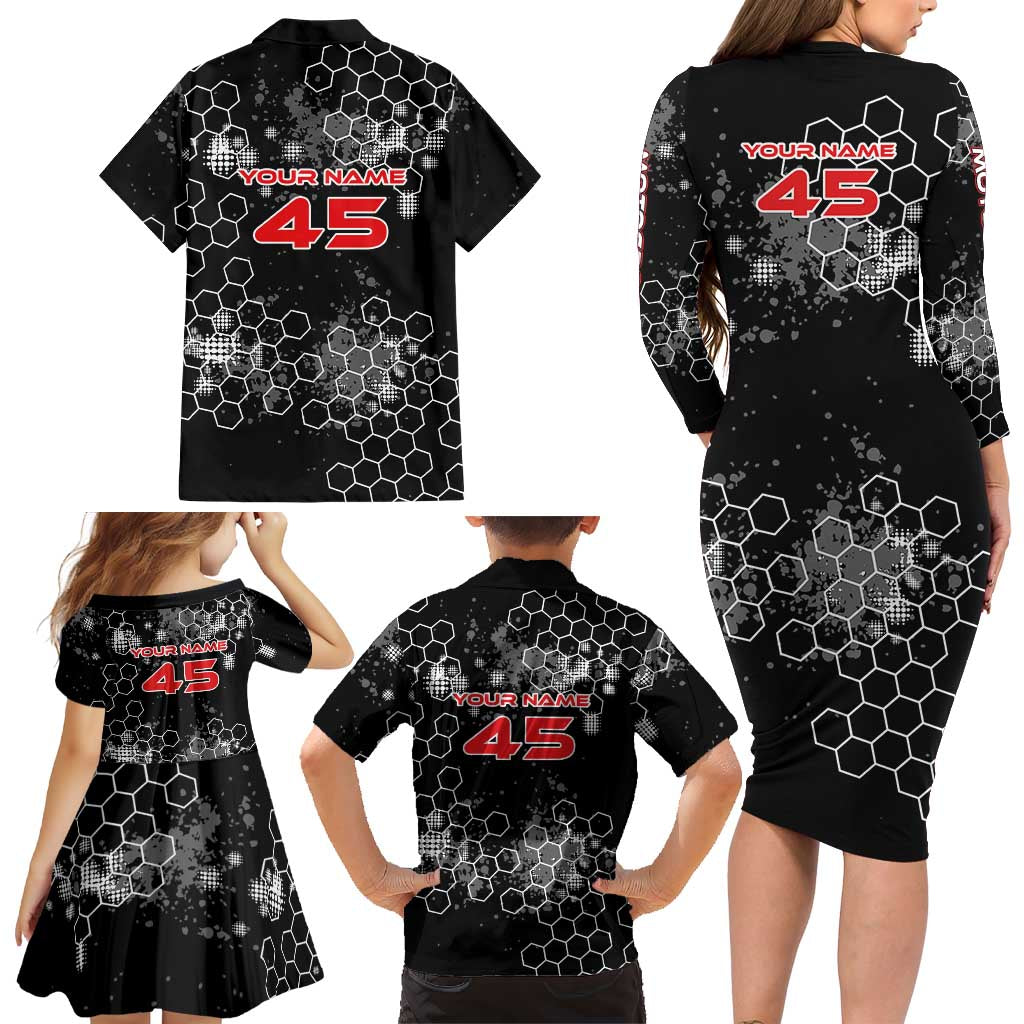 Custom Motocross Dirt Bike Family Matching Long Sleeve Bodycon Dress and Hawaiian Shirt with Red Rider and Honeycomb Grunge Design - Wonder Print Shop