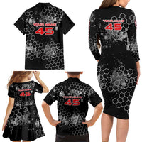 Custom Motocross Dirt Bike Family Matching Long Sleeve Bodycon Dress and Hawaiian Shirt with Red Rider and Honeycomb Grunge Design - Wonder Print Shop