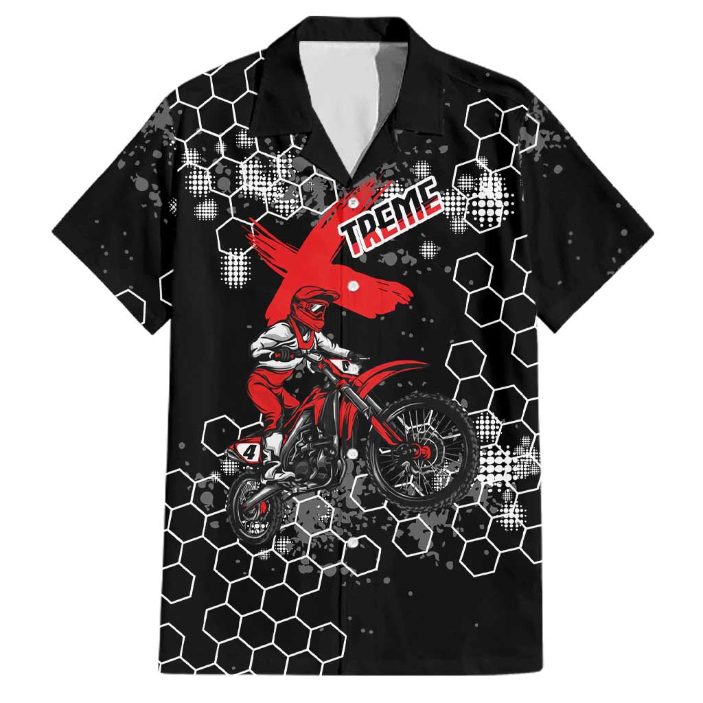 Custom Motocross Dirt Bike Family Matching Long Sleeve Bodycon Dress and Hawaiian Shirt with Red Rider and Honeycomb Grunge Design - Wonder Print Shop