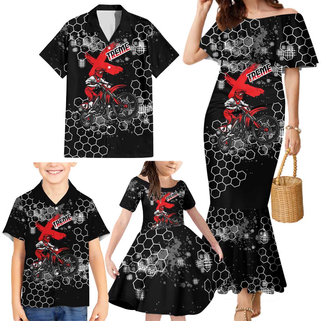 Custom Motocross Dirt Bike Family Matching Mermaid Dress and Hawaiian Shirt with Red Rider and Honeycomb Grunge Design - Wonder Print Shop