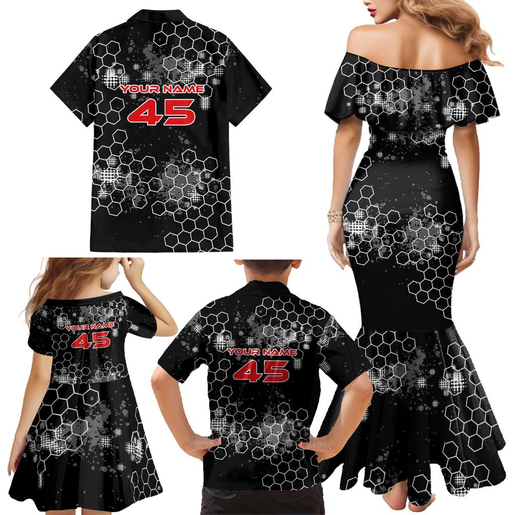 Custom Motocross Dirt Bike Family Matching Mermaid Dress and Hawaiian Shirt with Red Rider and Honeycomb Grunge Design - Wonder Print Shop