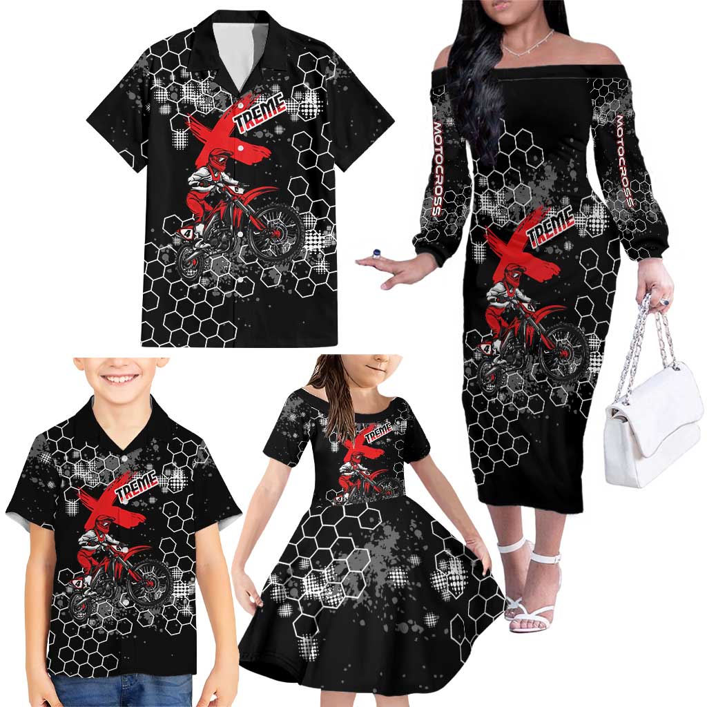 Custom Motocross Dirt Bike Family Matching Off The Shoulder Long Sleeve Dress and Hawaiian Shirt with Red Rider and Honeycomb Grunge Design - Wonder Print Shop