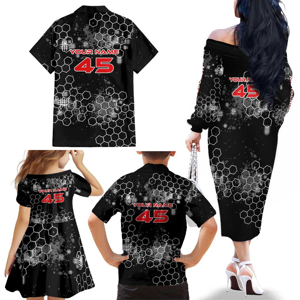 Custom Motocross Dirt Bike Family Matching Off The Shoulder Long Sleeve Dress and Hawaiian Shirt with Red Rider and Honeycomb Grunge Design - Wonder Print Shop