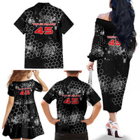 Custom Motocross Dirt Bike Family Matching Off The Shoulder Long Sleeve Dress and Hawaiian Shirt with Red Rider and Honeycomb Grunge Design - Wonder Print Shop