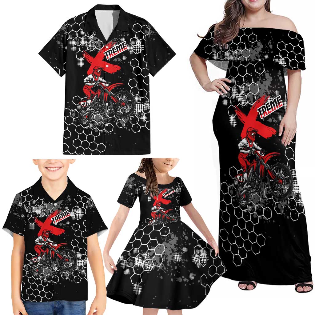 Custom Motocross Dirt Bike Family Matching Off Shoulder Maxi Dress and Hawaiian Shirt with Red Rider and Honeycomb Grunge Design - Wonder Print Shop