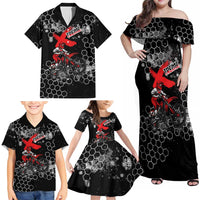 Custom Motocross Dirt Bike Family Matching Off Shoulder Maxi Dress and Hawaiian Shirt with Red Rider and Honeycomb Grunge Design - Wonder Print Shop