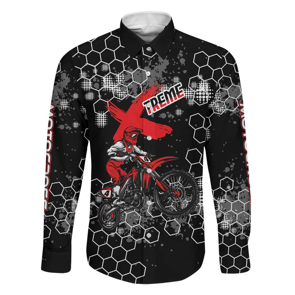 Custom Motocross Dirt Bike Family Matching Off Shoulder Maxi Dress and Hawaiian Shirt with Red Rider and Honeycomb Grunge Design - Wonder Print Shop