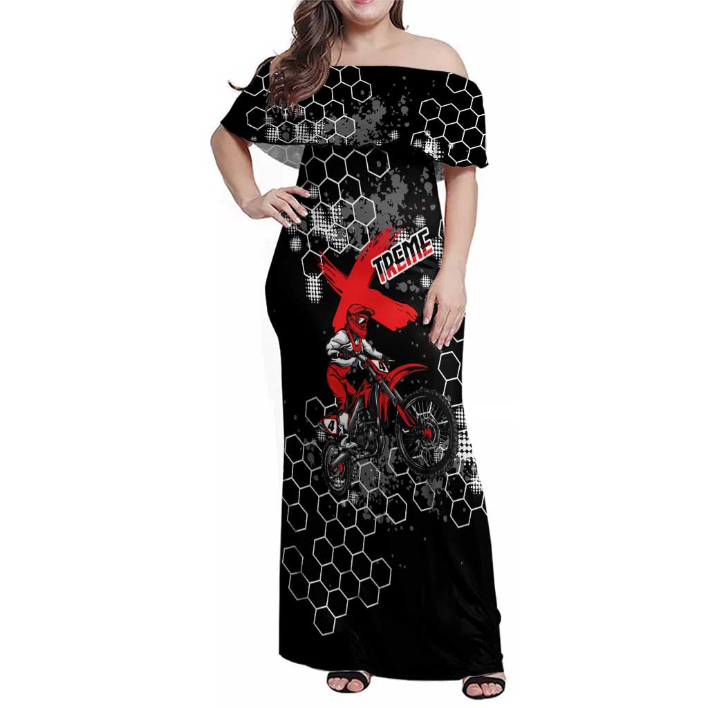 Custom Motocross Dirt Bike Family Matching Off Shoulder Maxi Dress and Hawaiian Shirt with Red Rider and Honeycomb Grunge Design - Wonder Print Shop