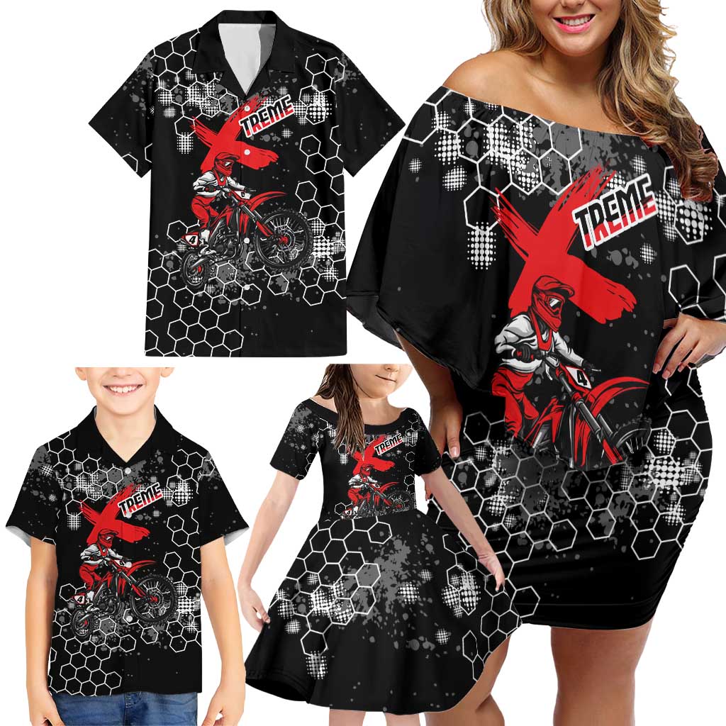 Custom Motocross Dirt Bike Family Matching Off Shoulder Short Dress and Hawaiian Shirt with Red Rider and Honeycomb Grunge Design - Wonder Print Shop