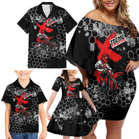 Custom Motocross Dirt Bike Family Matching Off Shoulder Short Dress and Hawaiian Shirt with Red Rider and Honeycomb Grunge Design - Wonder Print Shop