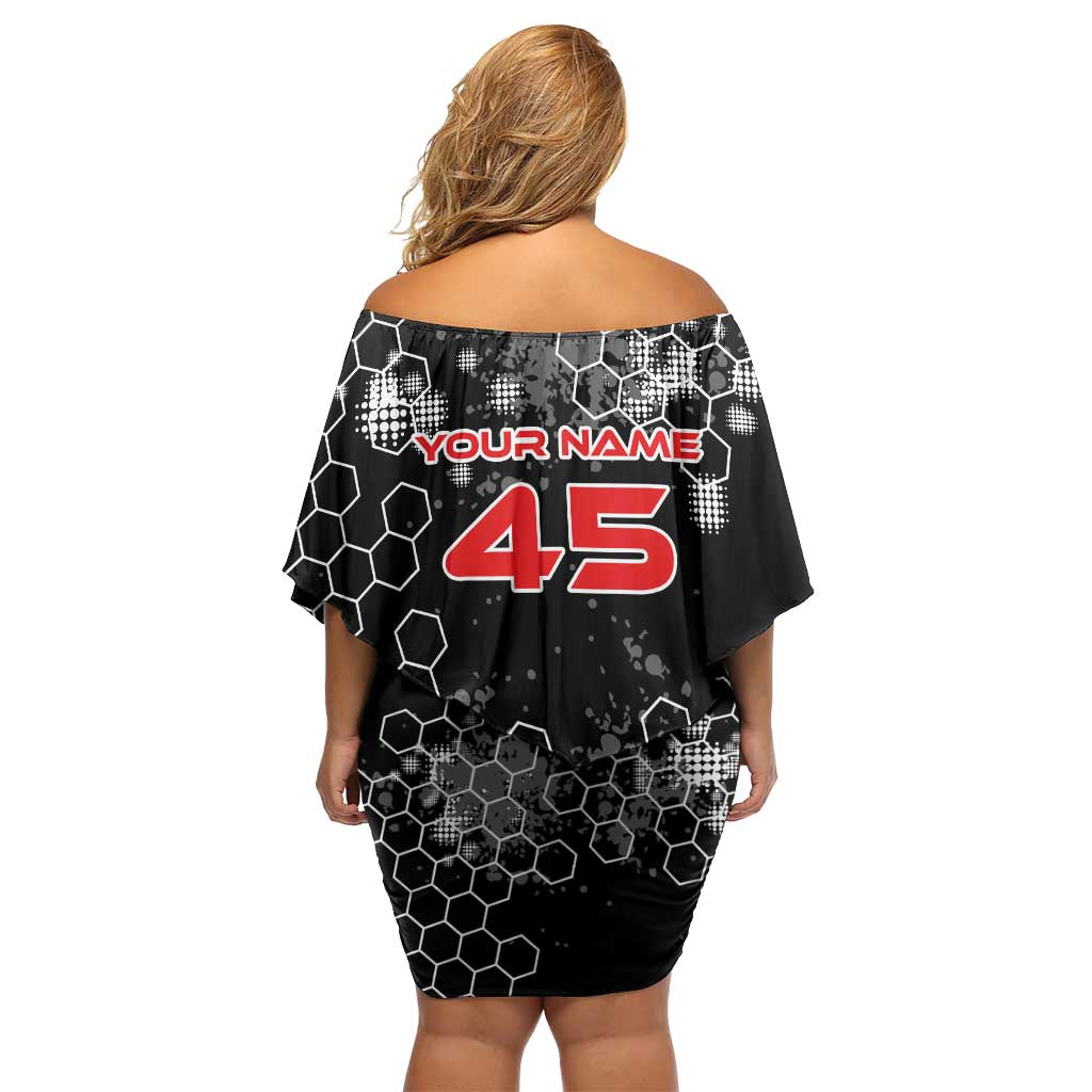 Custom Motocross Dirt Bike Family Matching Off Shoulder Short Dress and Hawaiian Shirt with Red Rider and Honeycomb Grunge Design - Wonder Print Shop