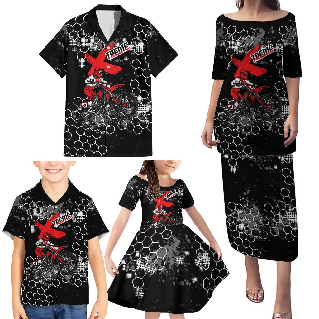 Custom Motocross Dirt Bike Family Matching Puletasi and Hawaiian Shirt with Red Rider and Honeycomb Grunge Design - Wonder Print Shop