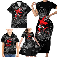 Custom Motocross Dirt Bike Family Matching Short Sleeve Bodycon Dress and Hawaiian Shirt with Red Rider and Honeycomb Grunge Design - Wonder Print Shop