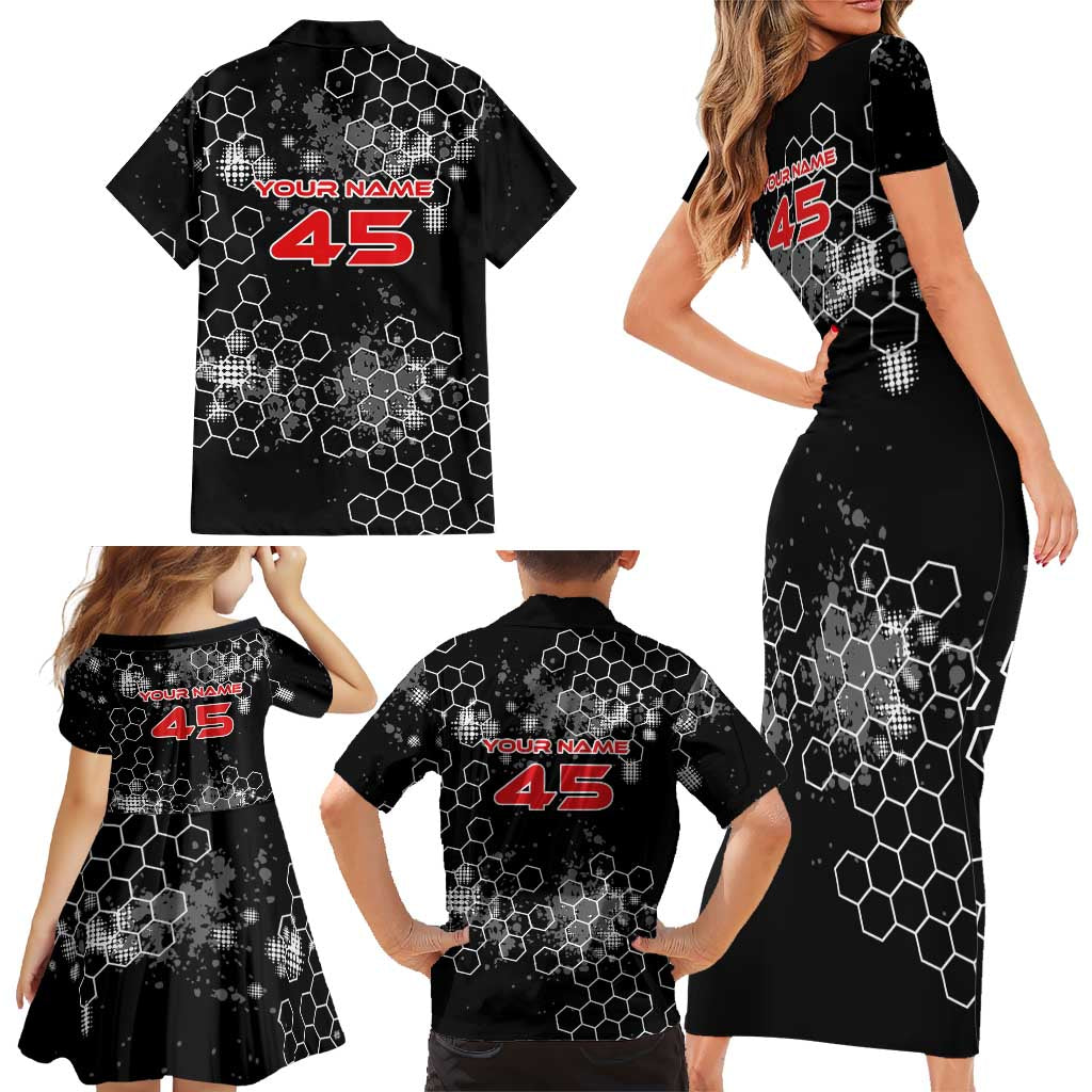 Custom Motocross Dirt Bike Family Matching Short Sleeve Bodycon Dress and Hawaiian Shirt with Red Rider and Honeycomb Grunge Design - Wonder Print Shop