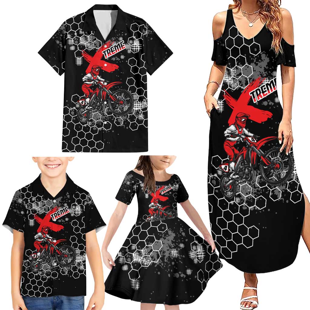 Custom Motocross Dirt Bike Family Matching Summer Maxi Dress and Hawaiian Shirt with Red Rider and Honeycomb Grunge Design - Wonder Print Shop