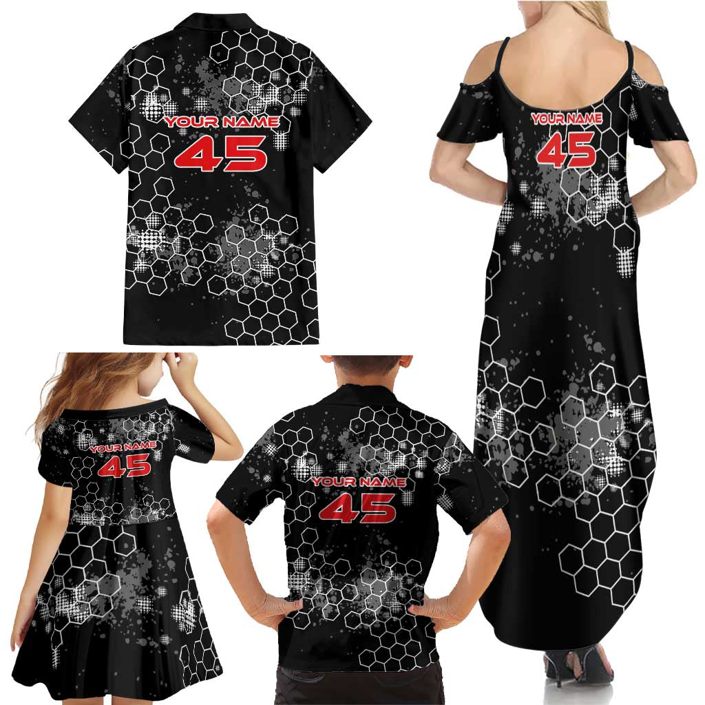 Custom Motocross Dirt Bike Family Matching Summer Maxi Dress and Hawaiian Shirt with Red Rider and Honeycomb Grunge Design - Wonder Print Shop
