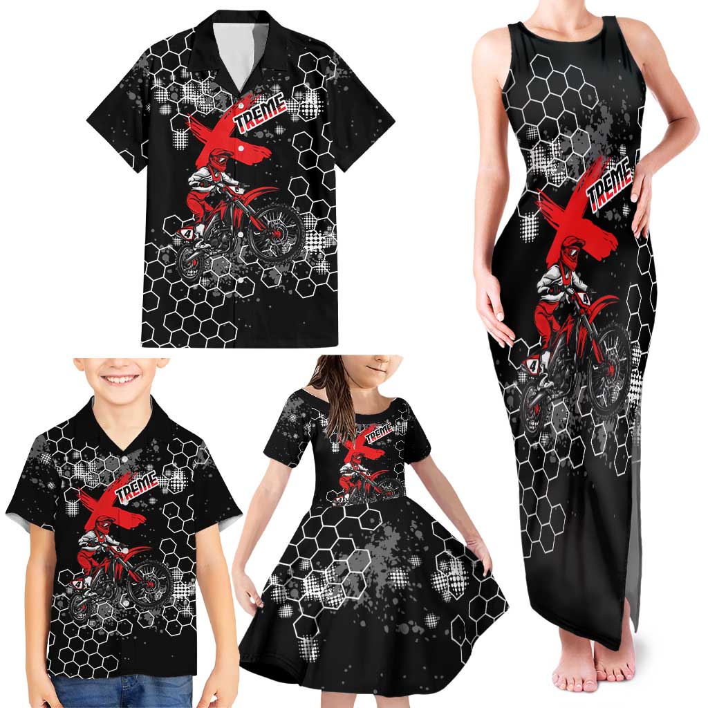 Custom Motocross Dirt Bike Family Matching Tank Maxi Dress and Hawaiian Shirt with Red Rider and Honeycomb Grunge Design - Wonder Print Shop