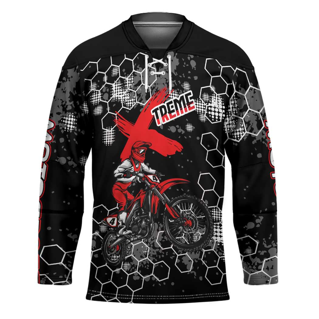 Custom Motocross Dirt Bike Hockey Jersey with Red Rider and Honeycomb Grunge Design - Wonder Print Shop