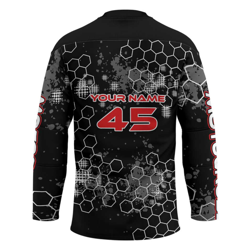 Custom Motocross Dirt Bike Hockey Jersey with Red Rider and Honeycomb Grunge Design - Wonder Print Shop