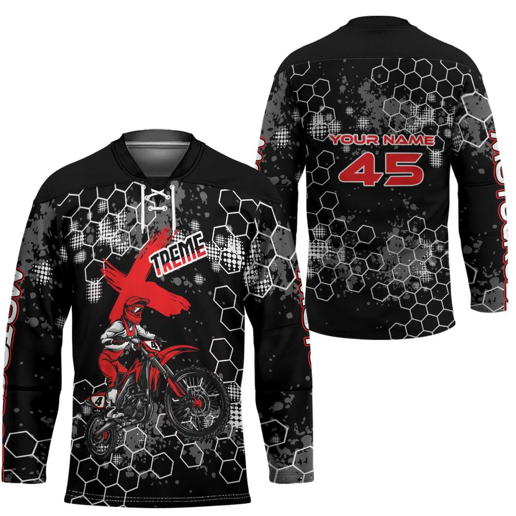 Custom Motocross Dirt Bike Hockey Jersey with Red Rider and Honeycomb Grunge Design - Wonder Print Shop