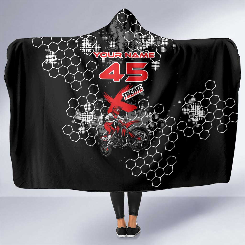 Custom Motocross Dirt Bike Hooded Blanket with Red Rider and Honeycomb Grunge Design - Wonder Print Shop