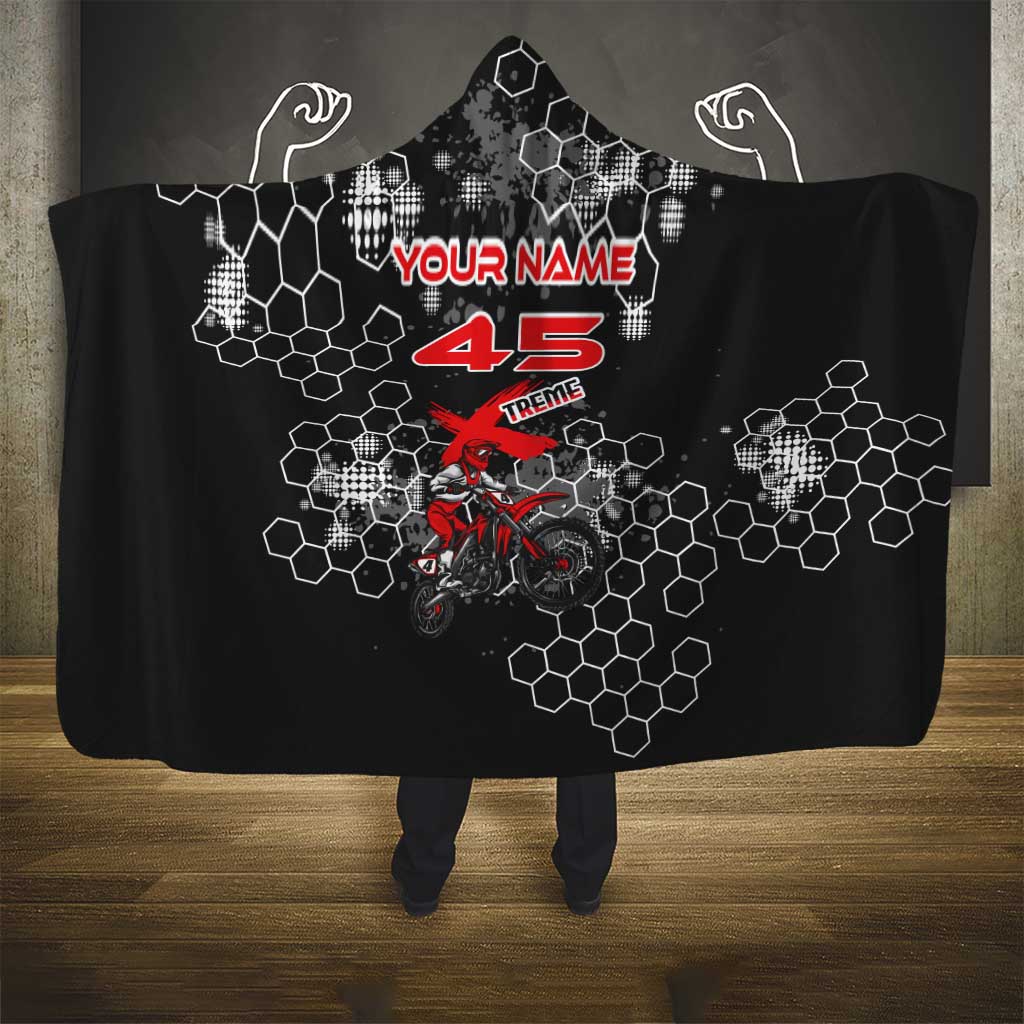 Custom Motocross Dirt Bike Hooded Blanket with Red Rider and Honeycomb Grunge Design - Wonder Print Shop