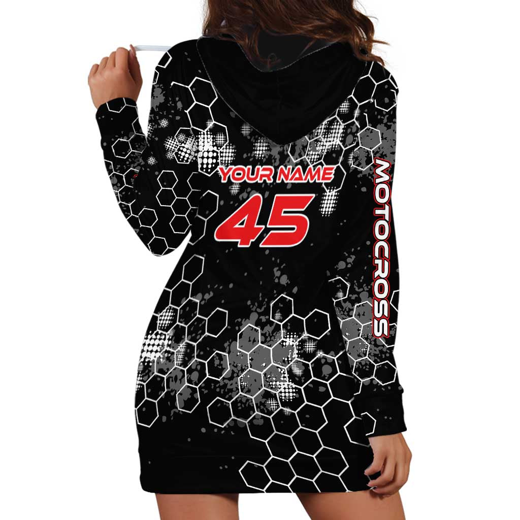 Custom Motocross Dirt Bike Hoodie Dress with Red Rider and Honeycomb Grunge Design - Wonder Print Shop