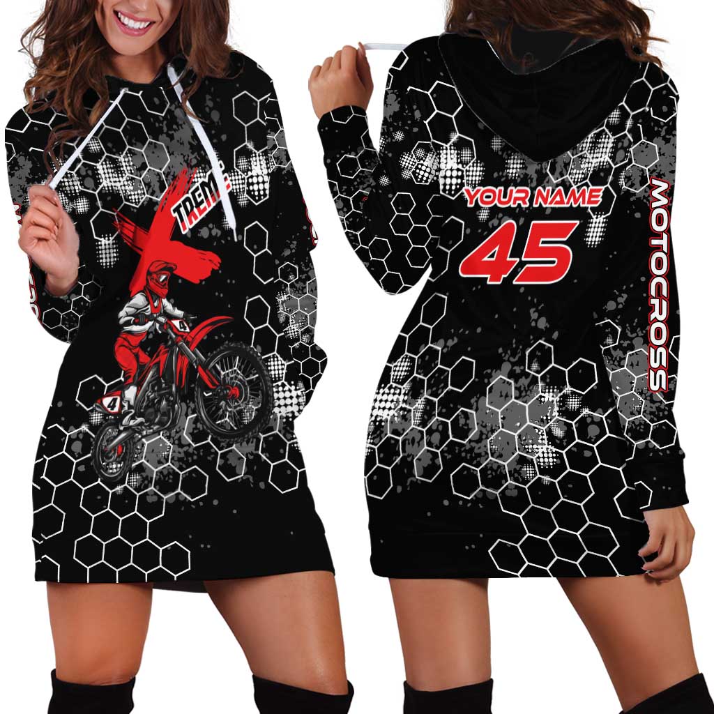 Custom Motocross Dirt Bike Hoodie Dress with Red Rider and Honeycomb Grunge Design - Wonder Print Shop
