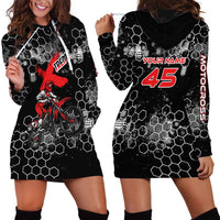 Custom Motocross Dirt Bike Hoodie Dress with Red Rider and Honeycomb Grunge Design - Wonder Print Shop