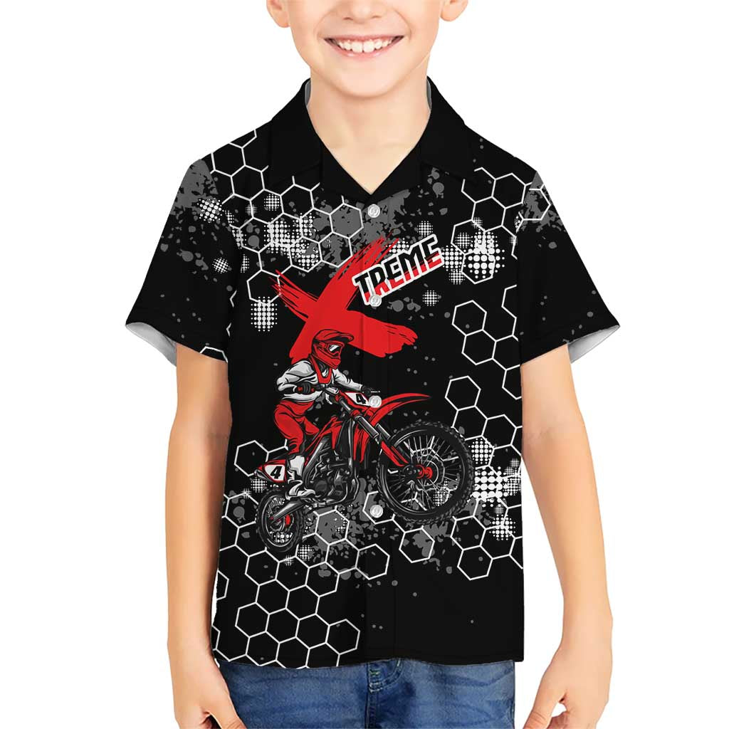 Custom Motocross Dirt Bike Kid Hawaiian Shirt with Red Rider and Honeycomb Grunge Design - Wonder Print Shop