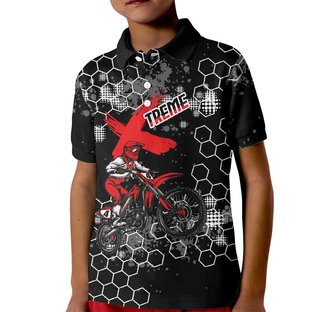 Custom Motocross Dirt Bike Kid Polo Shirt with Red Rider and Honeycomb Grunge Design - Wonder Print Shop